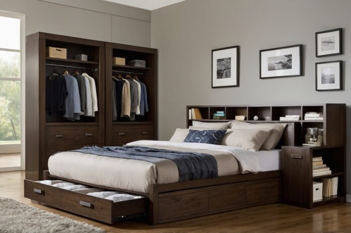 bedroom-with-bed-dresser Modern bedroom with organized furniture and storage.